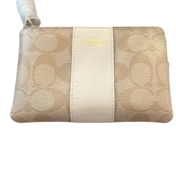 Coach Corner Zip Wristlet Signature Canvas Khaki Chalk NWT - Picture 2 of 10